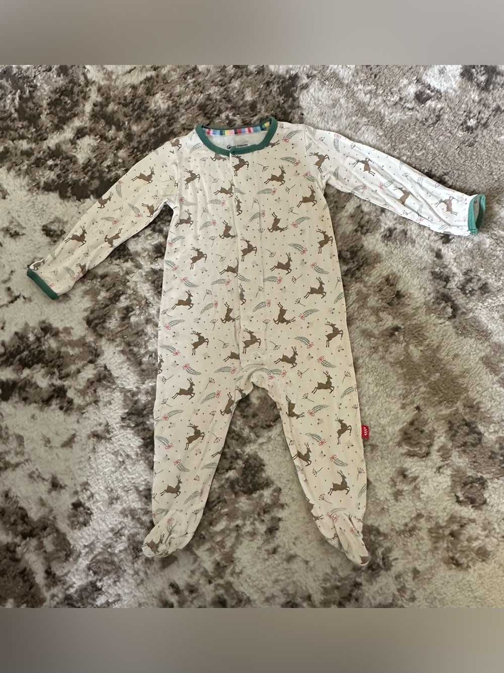 Magnetic Me Cream Reindeer Footed One-Piece with Green Trim